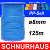 8mm PP - Seil 600daN Tauwerk Schnur 125m, Spiralgeflecht, blau ( blue cord, rope )