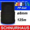 8mm PP - Seil 600daN Tauwerk Schnur 125m, Spiralgeflecht, schwarz ( black cord, rope )