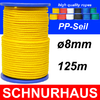 8mm PP - Seil 600daN Tauwerk Schnur 125m, Spiralgeflecht, gelb ( yellow cord, rope )