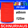 8mm PP - Seil 600daN Tauwerk Schnur 125m, Spiralgeflecht, rot ( red cord, rope )