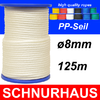 8mm PP - Seil 600daN Tauwerk Schnur 125m, Spiralgeflecht, weiss weiß ( white cord, rope )