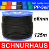 6mm PP - Seil 450daN Tauwerk Schnur 125m, Spiralgeflecht, schwarz ( black cord, rope )
