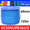 6mm PP - Seil 450daN Tauwerk Schnur 125m, Spiralgeflecht, blau ( blue cord, rope )