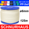 6mm PP - Seil 450daN Tauwerk Schnur 125m, Spiralgeflecht, weiss weiss ( white cord, rope )